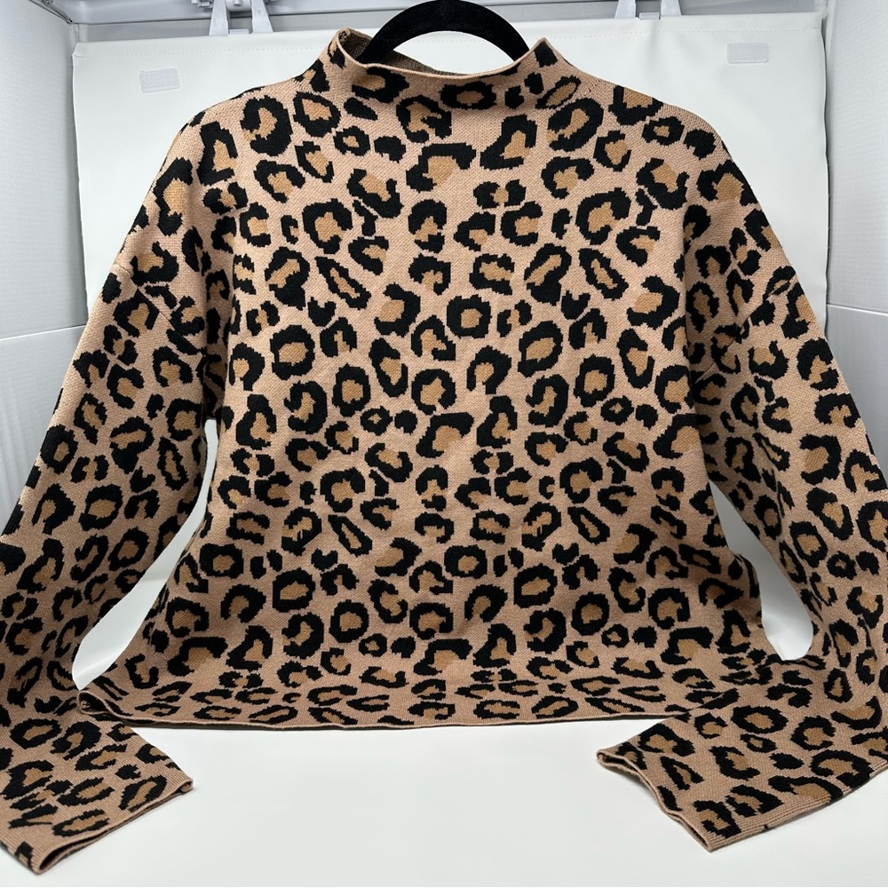 Rachel Zoe Animal Print Leopard Mock Neck Sweater Size Large Tan, Brown, Black